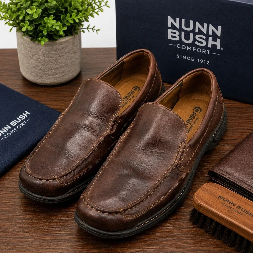 Nunn Bush Men's Brown Leather Moc Toe Slip On Loafers Comfort Casual Dress Shoes